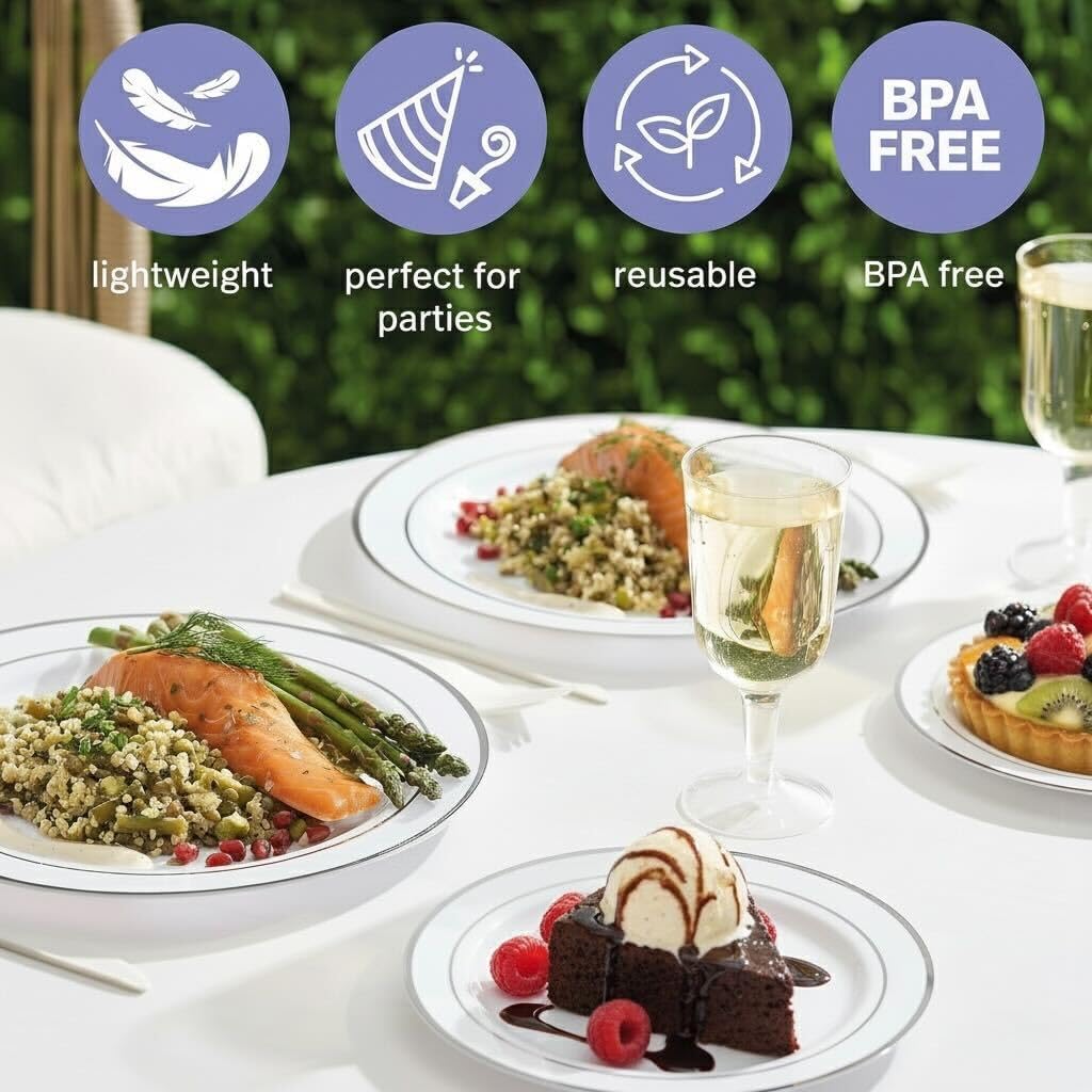 MATANA 120 Weisse Plastikteller mit Silbernem Rand, 2 Grössen (60 x 26cm, 60 x 19cm) - Hochzeiten, T