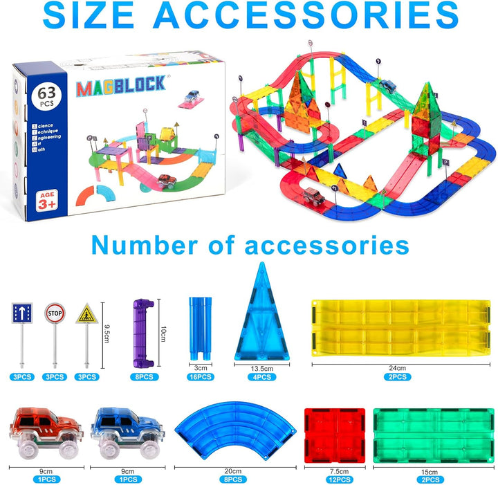 63Pcs Magnetisches Baustein Spielzeug für Bahnrennen, Magnetisches Bauspielzeug mit LED Rennwagen, M
