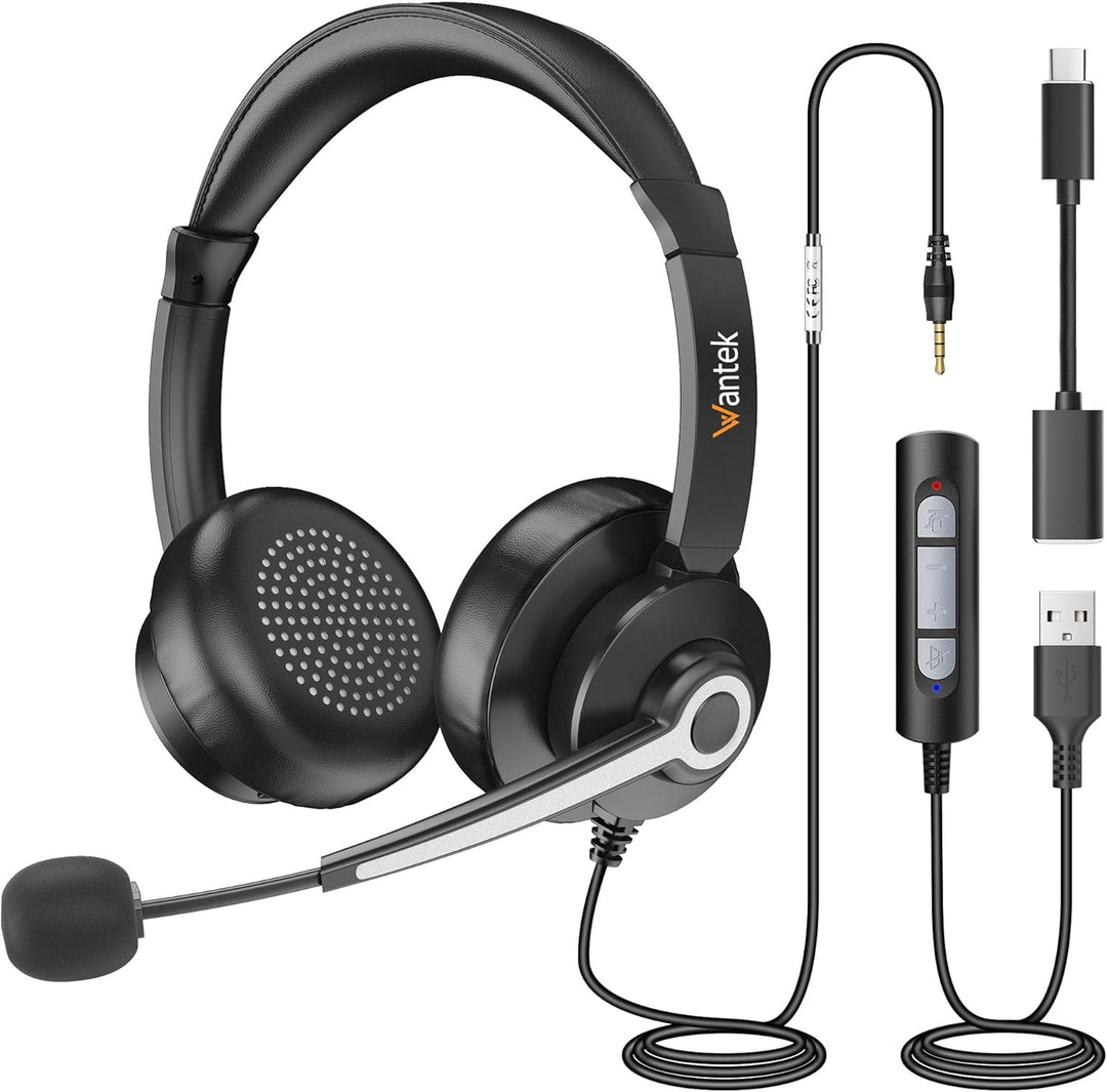 Wantek USB-Headset mit Mikrofon für PC und Laptop – Computer-Headsets mit Mikrofon-Geräuschunterdrüc