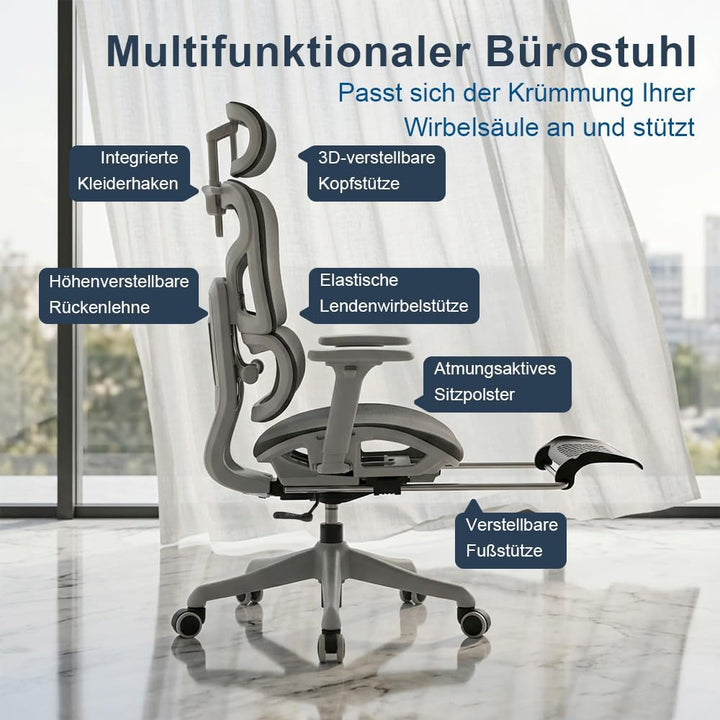 Ergonomischer Bürostuhl mit Lendenwirbelstütze, Kopfstütze & Fussstütze, Höhenverstellbarer Drehstuh