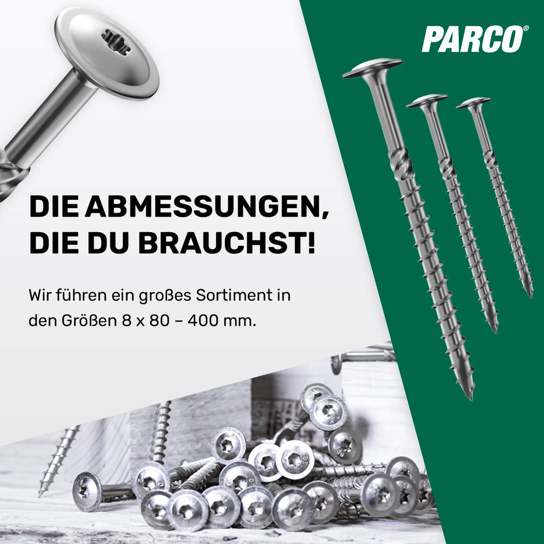 PARCO Tellerkopfschrauben 6 x 30 mm, 200 Stück, TX30 Verzinkt, CUT-Spitze, Holzbauschrauben für Kons