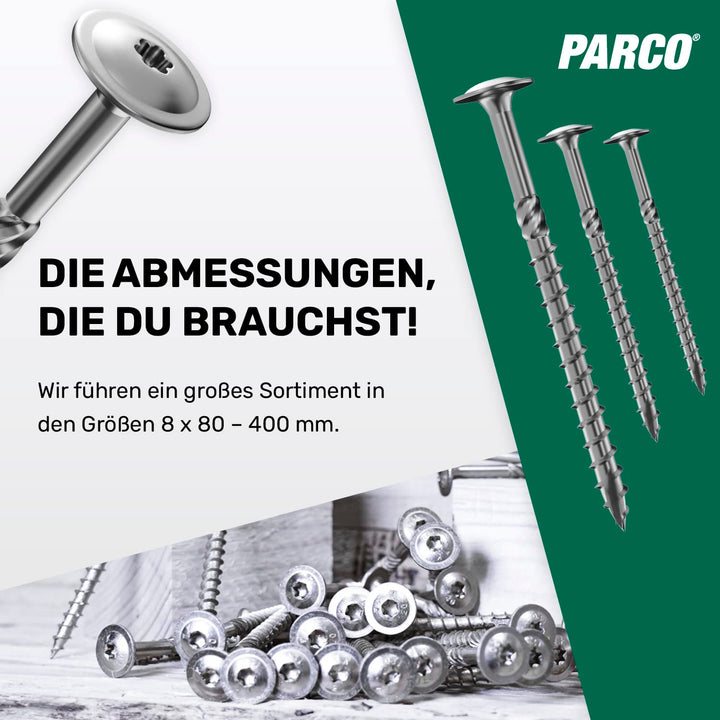 PARCO Tellerkopfschrauben 6 x 200 mm, 100 Stück TX30 Verzinkt, CUT-Spitze, Holzbauschrauben für Kons