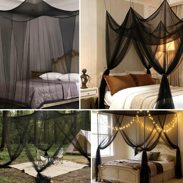 Moskitonetz für Einzel- und Doppelbett – Schwarz Betthimmel mit 4 Ecken(190×210×240 cm), mit Aufhäng