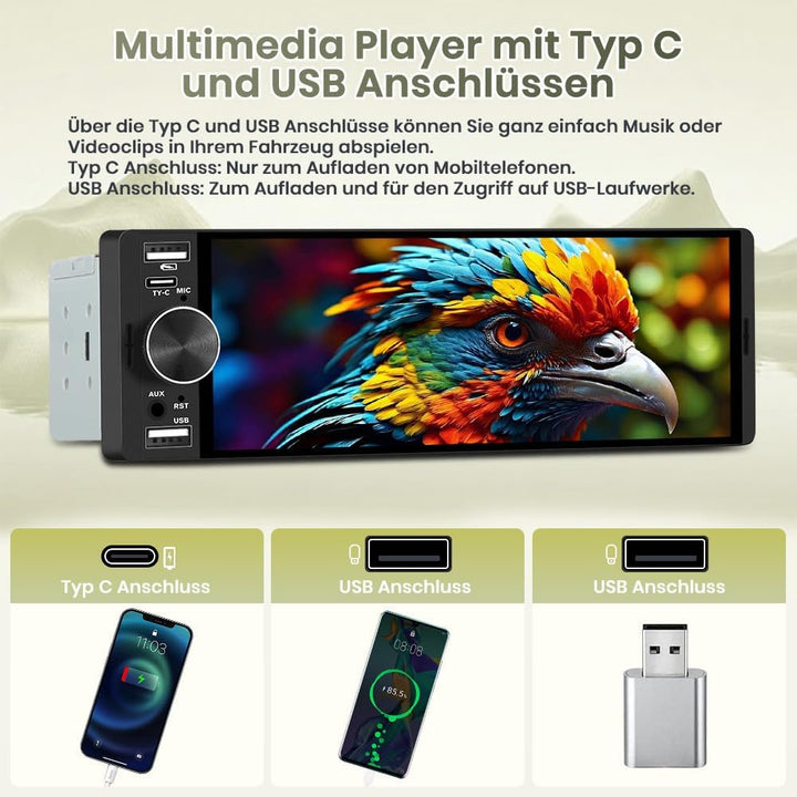 1 DIN Universales Autoradid mit Carplay, Android Auto, 6,28 Zoll | mit Rückfahrkamera, Online Naviga