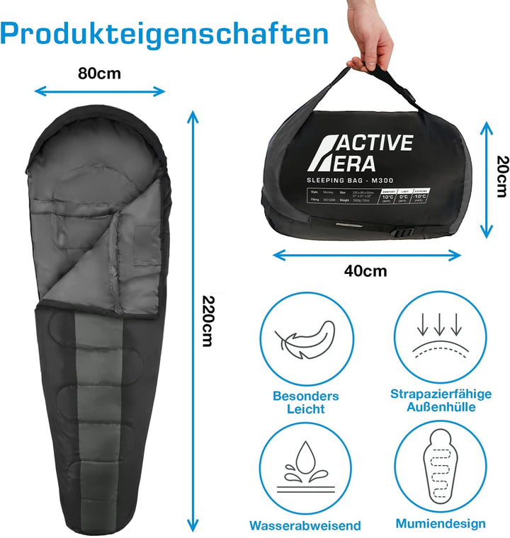 Active Era Mumienschlafsack – Schlafsack Winter und Sommer, -10°C bis 10°C - Wasserabweisend und Win