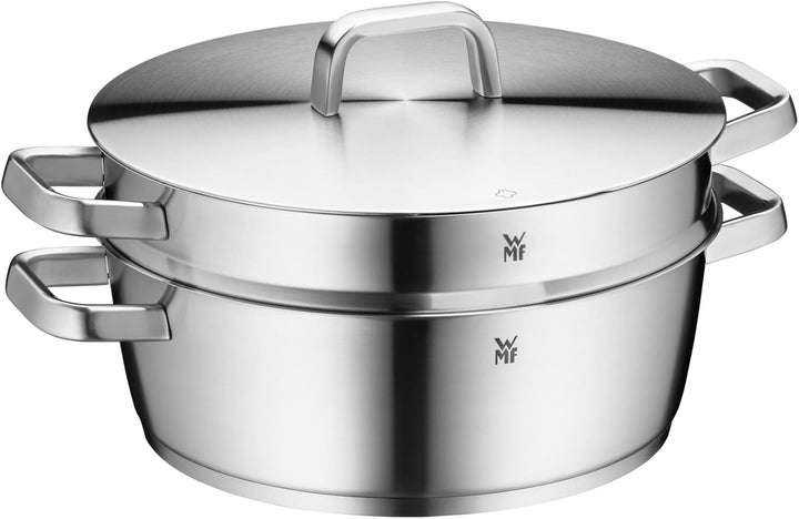 WMF Iconic Bräter mit Dampfgareinsatz 28cm, Schmortopf Induktion 5,7l, Kochtopf gross, Cromargan Ede