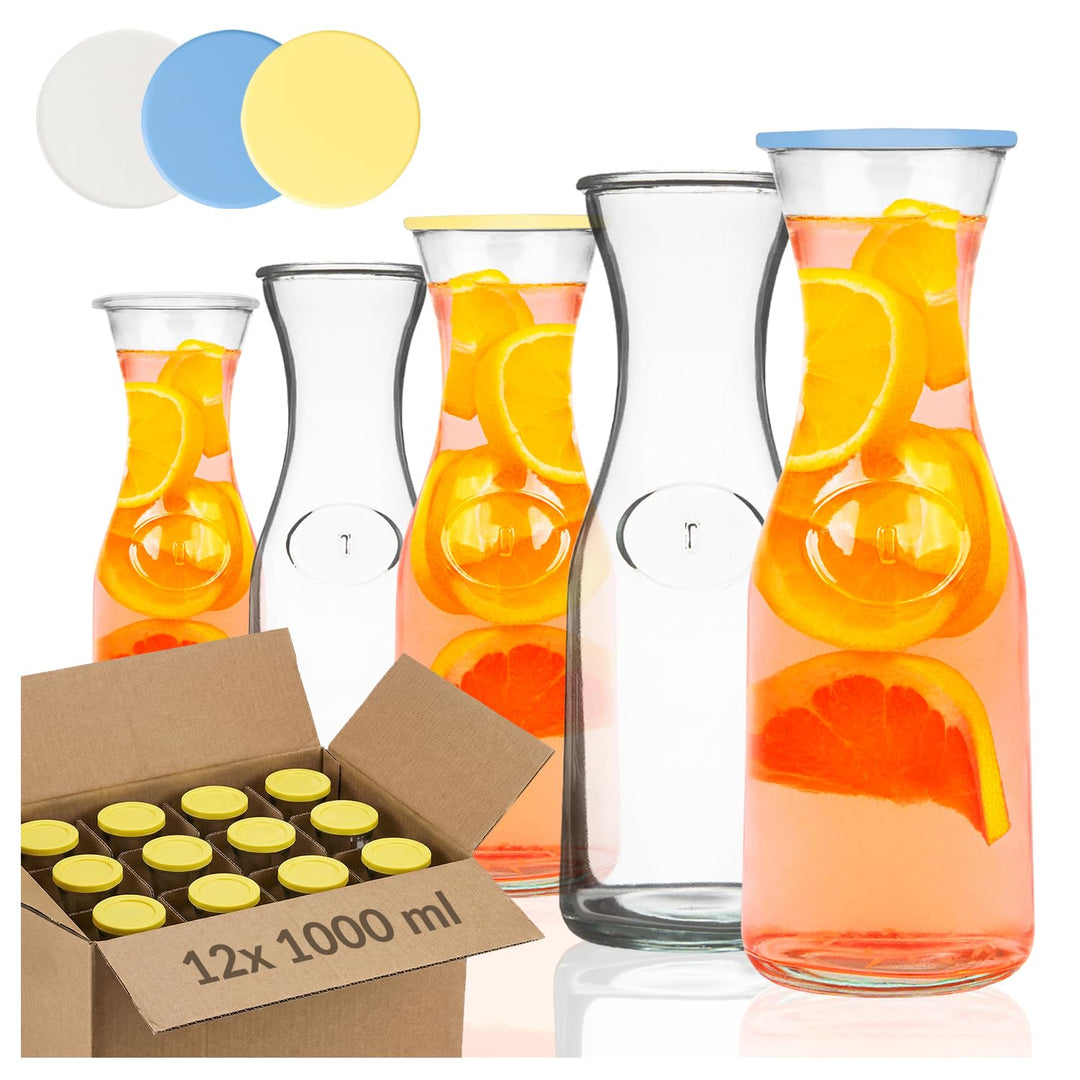12 Stück Glaskaraffe 1L mit Deckel – Wasserkaraffe für Wasser, Saft, Limonade und Getränke 12x, 12x