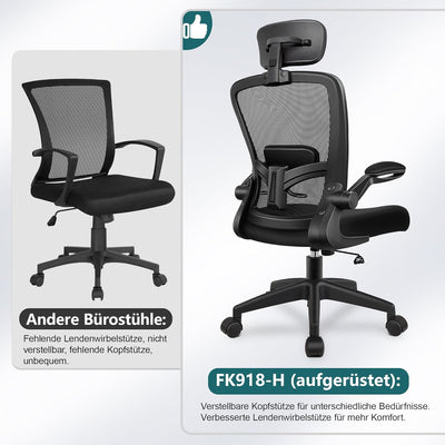 FelixKing Bürostuhl Ergonomischer schreibtischstuhl mit Verstellbarer Kopfstütze, Armlehnen, Lendenw