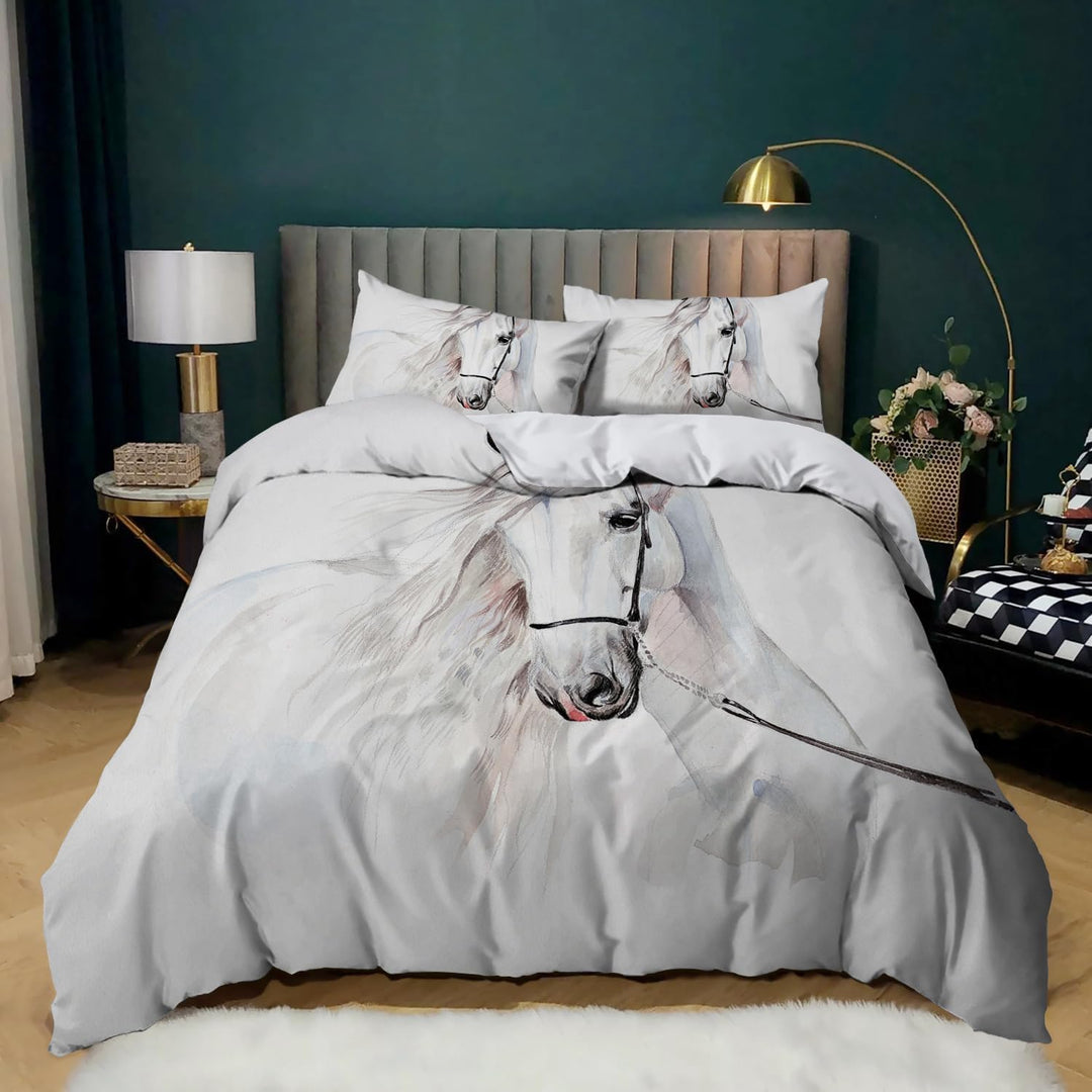 Bettwäsche Set 3 Teilig Bettbezüge 3D-Druck Tiere Pferd Motiv Bettbezug,Mikrofaser,Pflegeleicht,mit