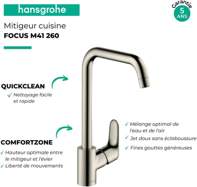 hansgrohe Focus Küchenarmatur (Wasserhahn Küche ohne Schlauchbox, 110°, 150°, 360° schwenkbar, hoher