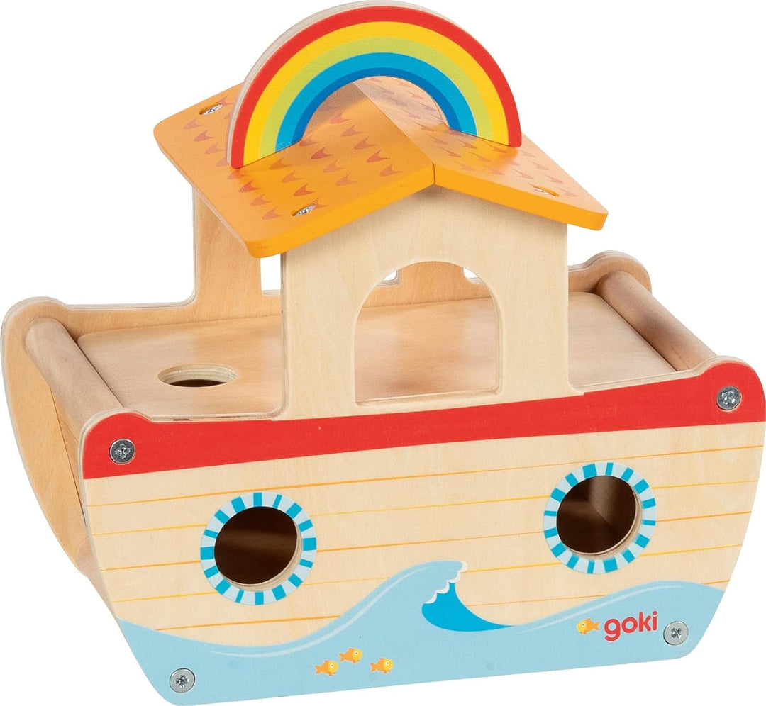 goki 51464 - Meine kleine Arche Noah, buntes Lernspielzeug aus Holz für Kinder, Tiere wie Löwe, Elef