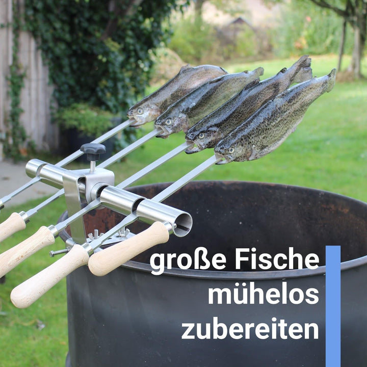 SCHILLING Fischgrilltechnik/Steckerlfisch Halter/Feuerschale/Feuertonne/Edelstahlspiesse / 4 Fische