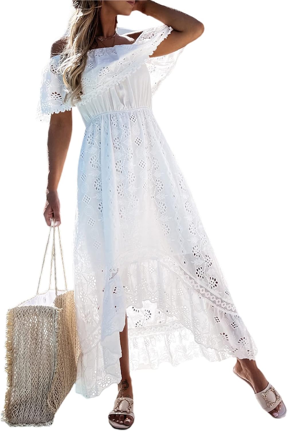 Damen-Maxikleid mit V-Ausschnitt, ärmellos, gestrickt, Spitze, Cutout, Schlinge, Rüschen, offener Rü