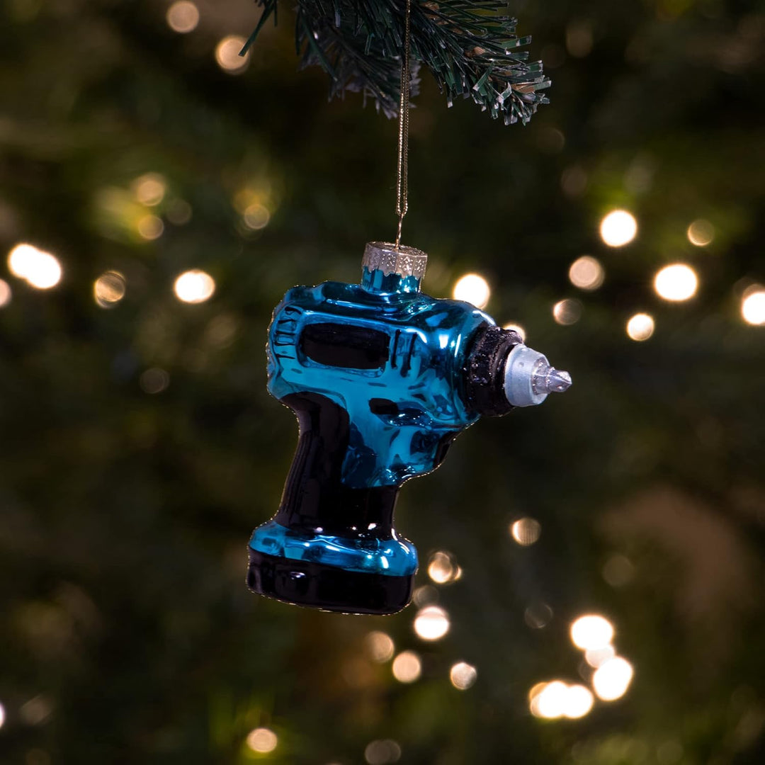 com-four® 3X Premium Christbaumschmuck - Deko-Bohrmaschine aus Glas - besondere Baumkugeln als Weihn