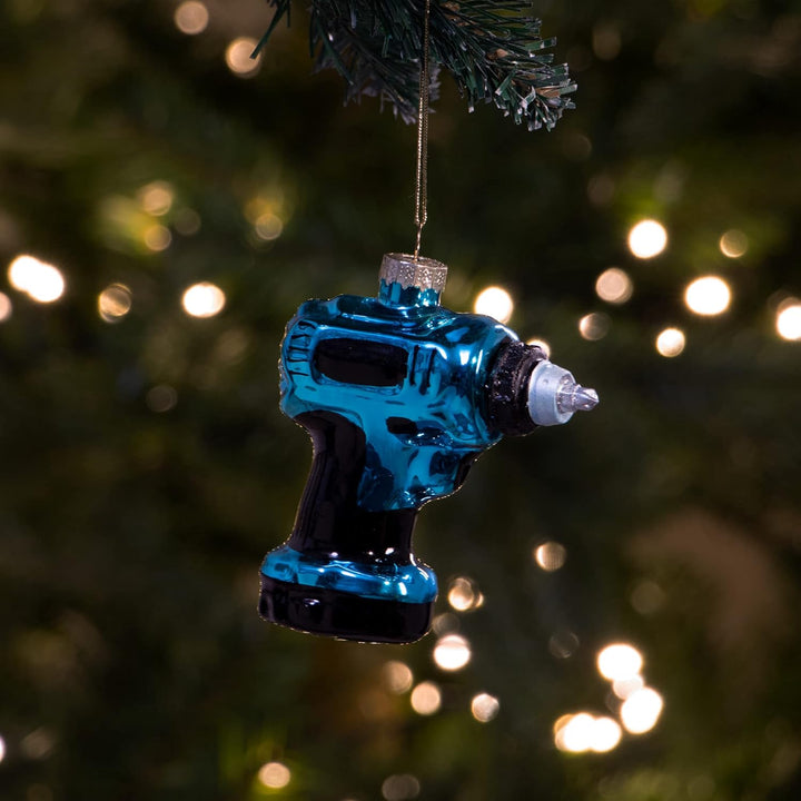 com-four® 3X Premium Christbaumschmuck - Deko-Bohrmaschine aus Glas - besondere Baumkugeln als Weihn