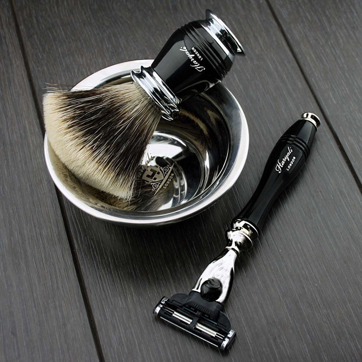 Haryali London Luxury Black Herren Rasierset 3 Edge Rasiermesser, Rasierpinsel, Rasierständer und Ra