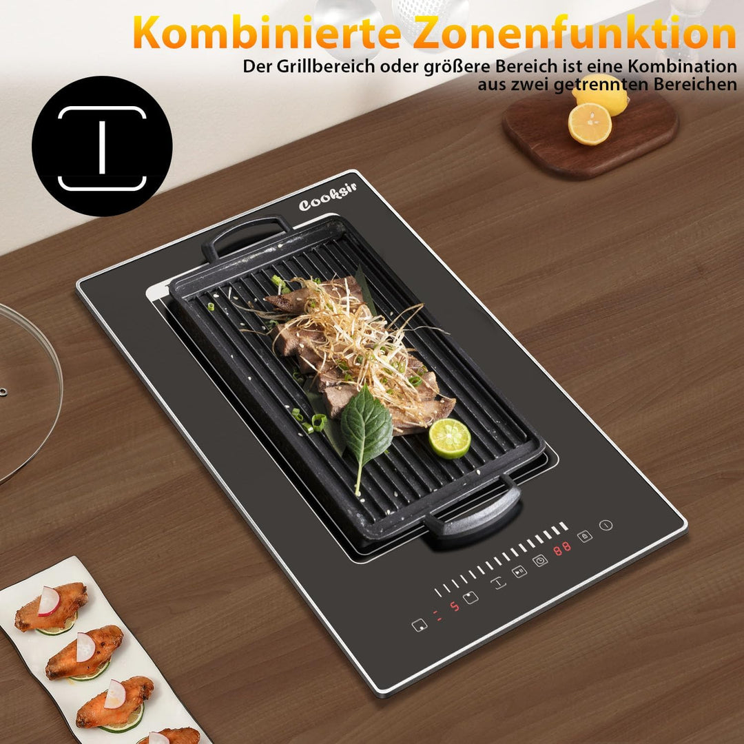 Induktionskochfeld 2 Platten mit Stecker Einbau 30CM, Herdplatte 2 Kochfelder mit Rahmen, 3500W, Kom