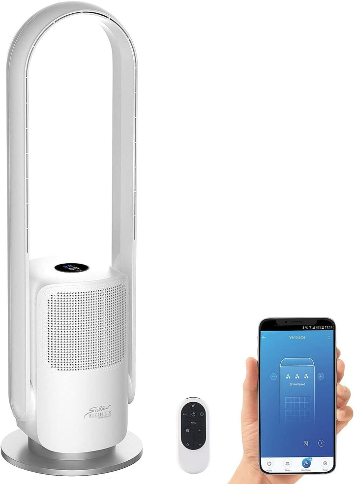 Sichler Haushaltsgeräte Turmventilator: Rotorloser 2in1-360°-Ventilator & Luftreiniger, WLAN, App, H
