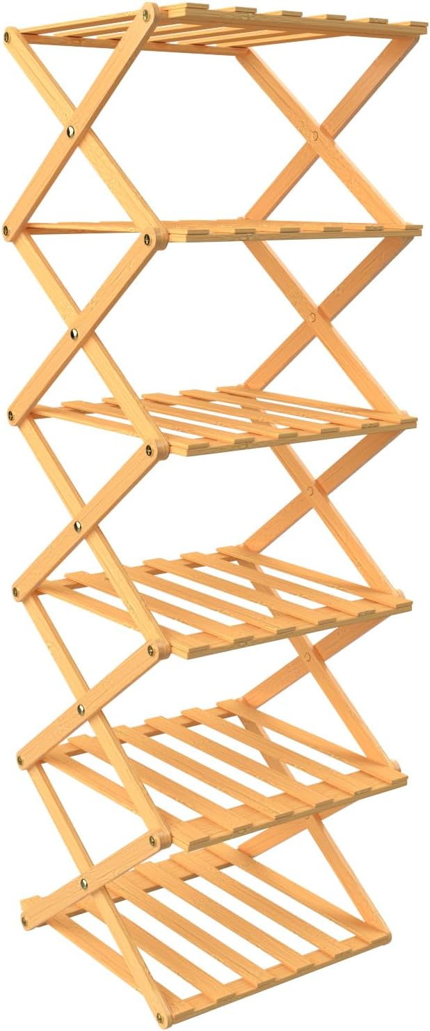 OHMG Faltbares Holzregal, 6 Ebenen, Schuhregal, faltbar, aus Bambus, leicht, mit starker Tragfähigke