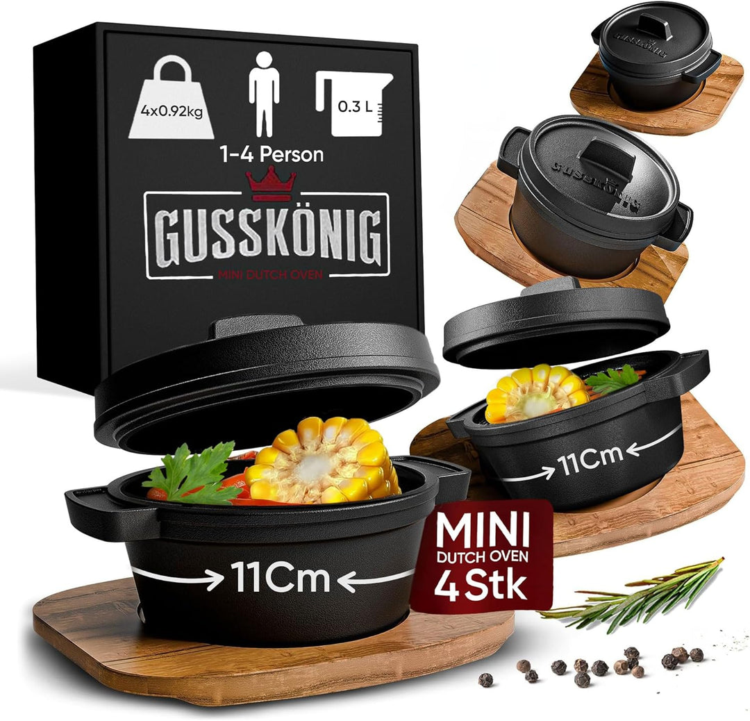 GUSSKÖNIG Dutch Oven Set Mini mit Holz-Untersetzer - 4x 300ml Gusseisen Mini Topf mit Deckel - einge