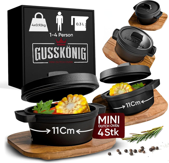 GUSSKÖNIG Dutch Oven Set Mini mit Holz-Untersetzer - 4x 300ml Gusseisen Mini Topf mit Deckel - einge