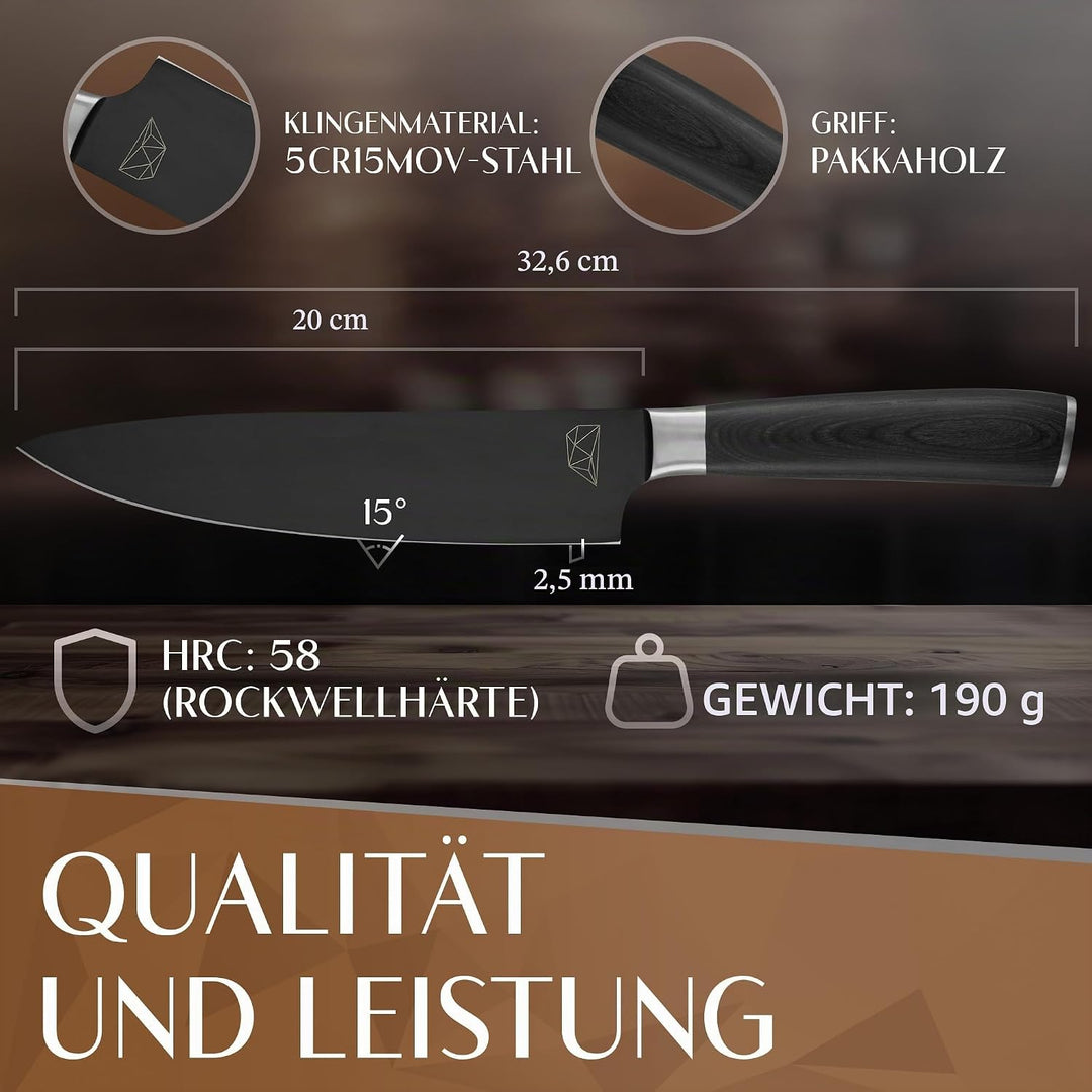 Glavory - Küchenmesser mit schwarzer Klinge und Holzgriff - 20cm Klinge - Kochmesser mit extrem scha