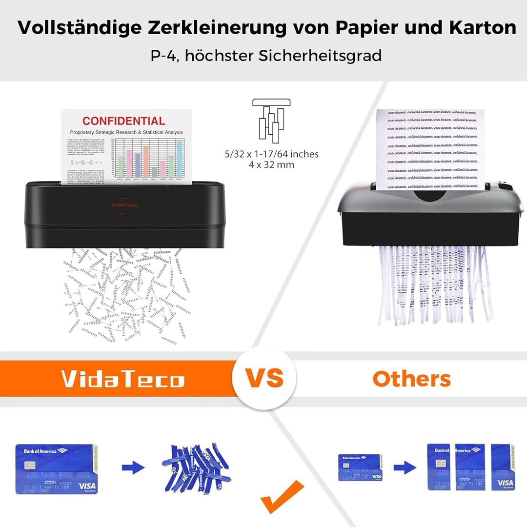 Schredder, 6 Blatt Kreuzschnitt (P-4) Aktenvernichter, VidaTeco Partikelschnitt Papierschredder für