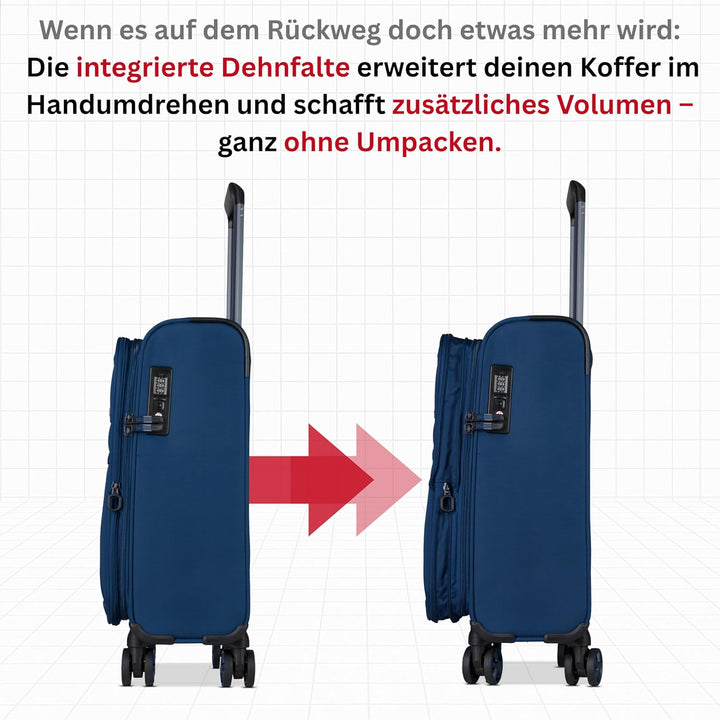 Cocoono Handgepäck Koffer 55x40x20 – Leichter Stoff Reisekoffer mit Rollen, TSA-Schloss, erweiterbar