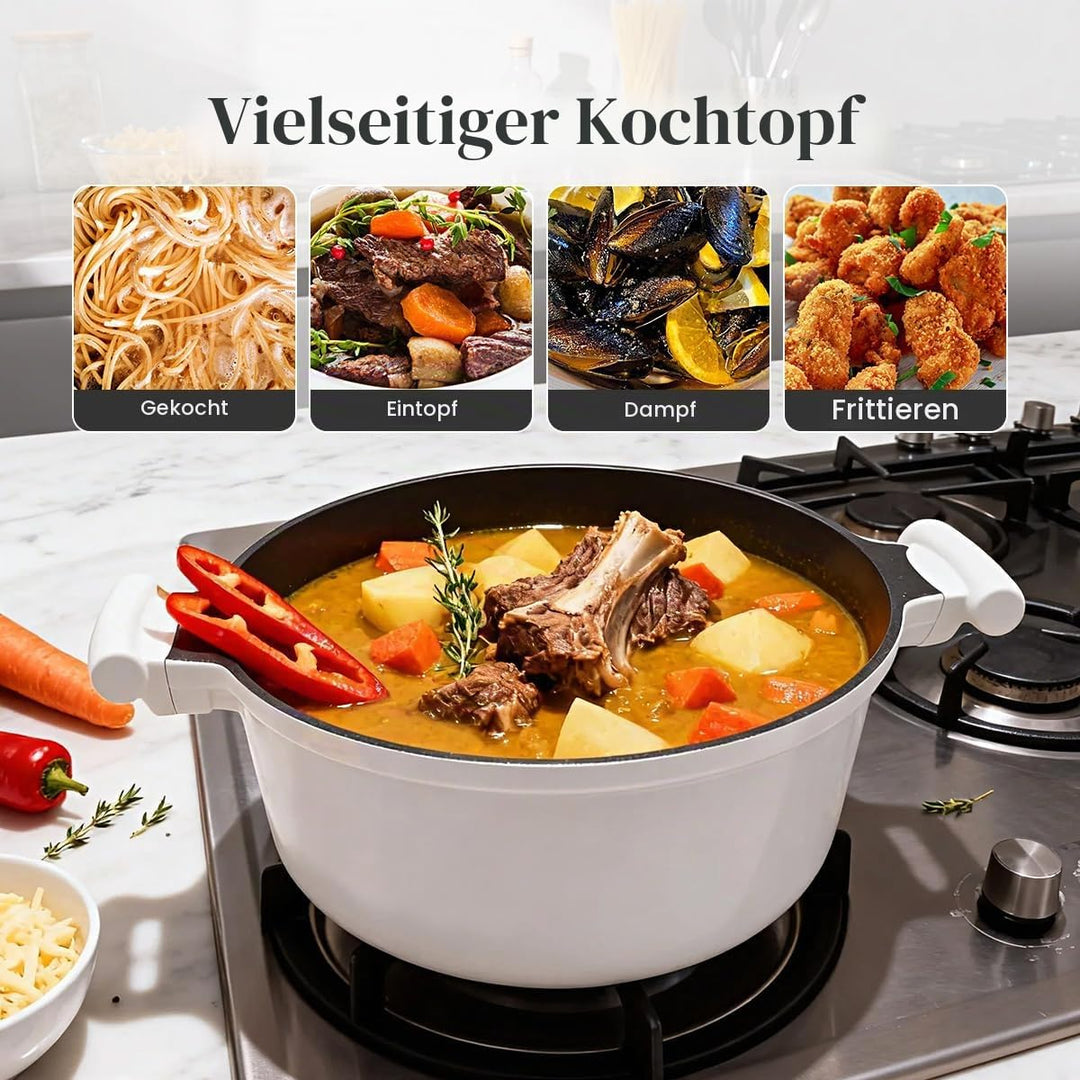 Kochtopf 24 cm mit Deckel, Grosser 5L Schmortopf- Weiss Weiss 5 Liter, Weiss 5 Liter