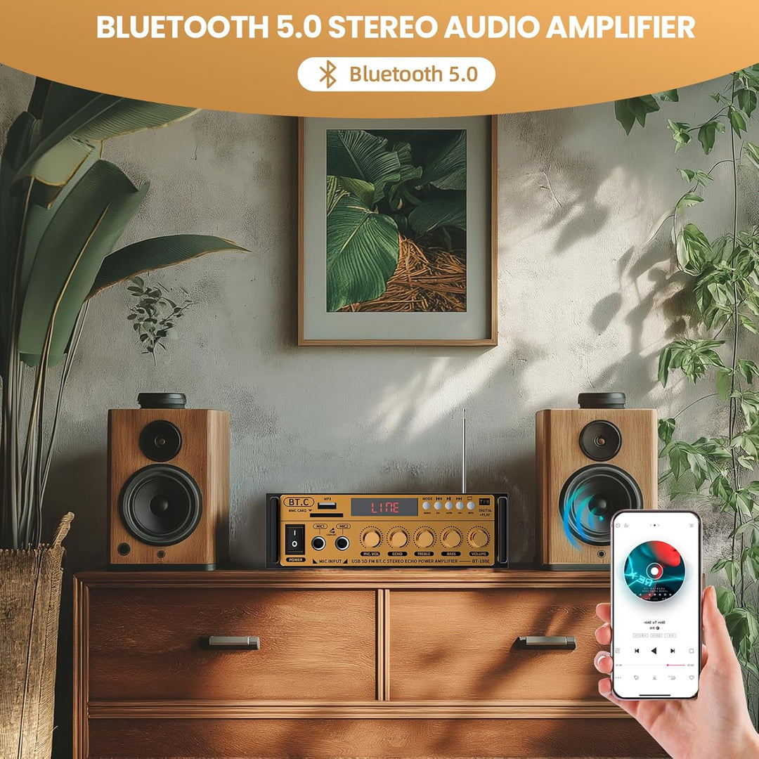 Mini Bluetooth Verstärker HiFi Stereo Audio mit Mixer Wireless Bluetooth Endstufe 600W Dual Kanal Bl