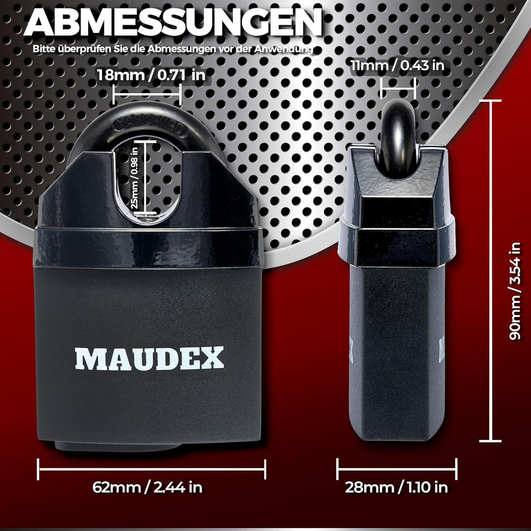 Maudex® MDL60 Heavy Duty Vorhängeschloss mit 10 Schlüsseln - [Anti-Bohr-, Anti-Pick-Zylinder] - [Ges