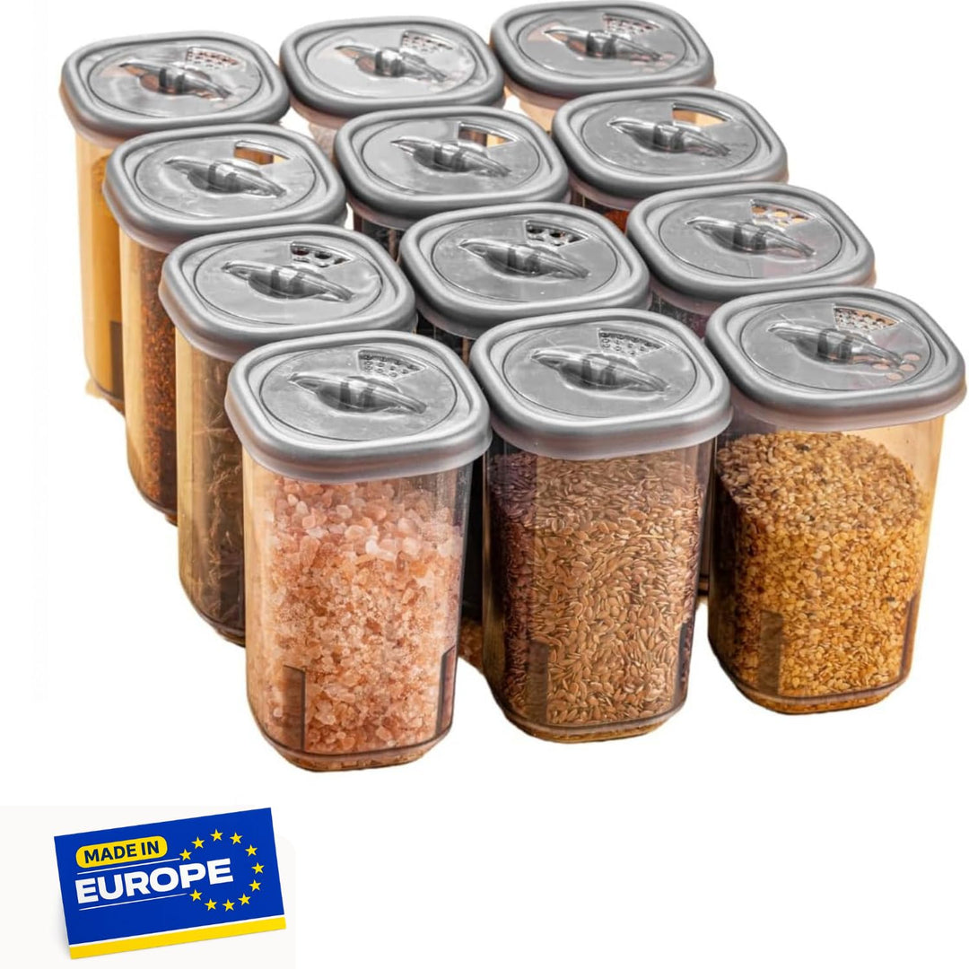 IDOBY 12er Set Gewürzbox aus Kunststoff, Transparente Gewürzdose, BPA-Freiem Kunststoff Camping Gewü