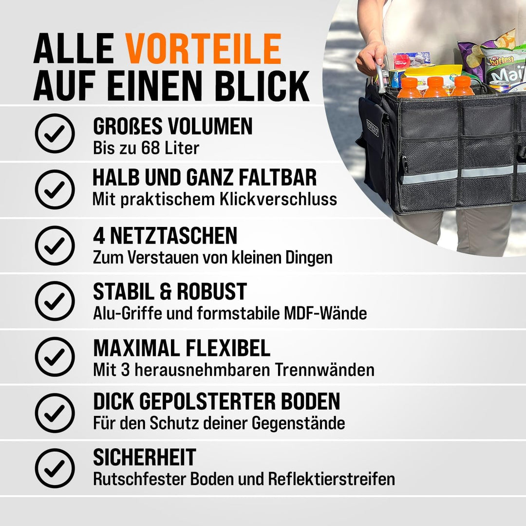 Monzana® Kofferraum Organizer Deckel 68L Isolierung Alu-Griffe Trennwände Wasserdicht Faltbar MDF Wä