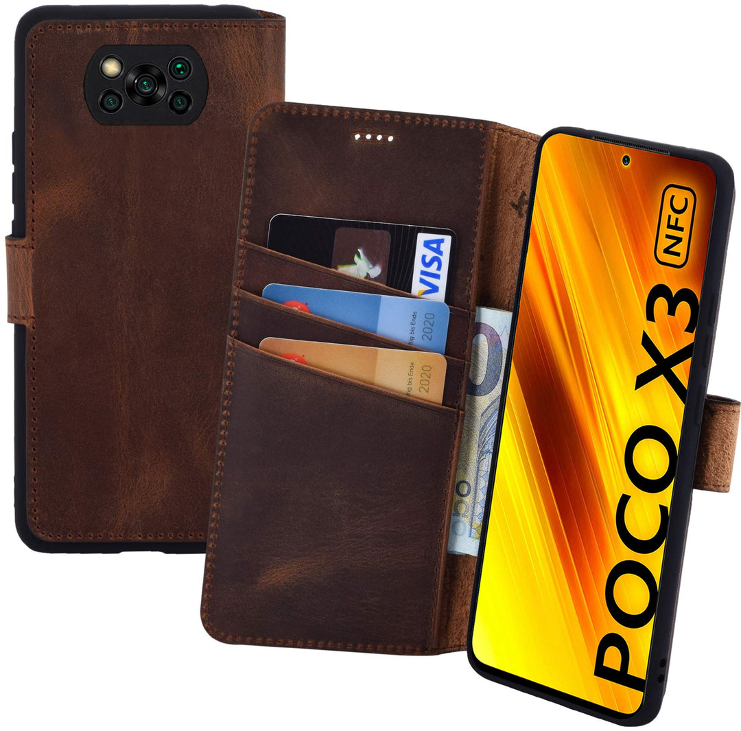 Suncase Book-Style Hülle kompatibel mit Xiaomi Poco X3 NFC Leder Tasche (Slim-Fit) Lederhülle Handyt