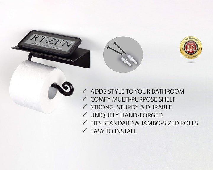 RTZEN Toilettenpapierhalter aus Schmiedeeisen mit Ablage | Schwarz verrottetes Metall TP-Rollenaufhä