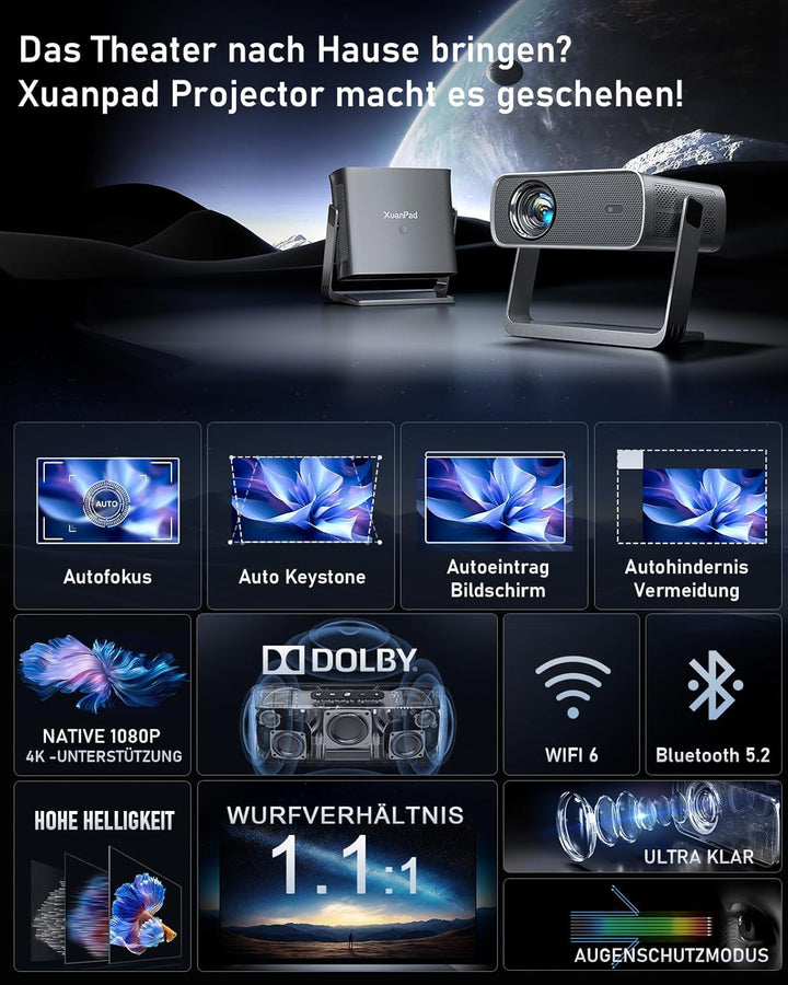 [Netflix-zertifizierter & AI-Auto-Fokus] XuanPad Beamer mit WiFi & Bluetooth Full HD 1080P Projektor