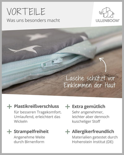 ULLENBOOM Sommerschlafsack Baby Mint Grau (Made in EU) - Aus OEKO-TEX Materialien - 0,5 TOG, Schlafs