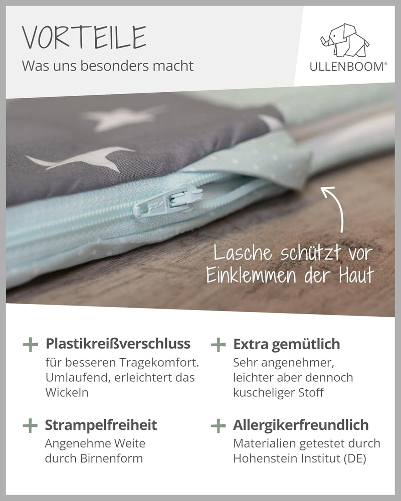 ULLENBOOM Sommerschlafsack Baby Mint Grau (Made in EU) - Aus OEKO-TEX Materialien - 0,5 TOG, Schlafs