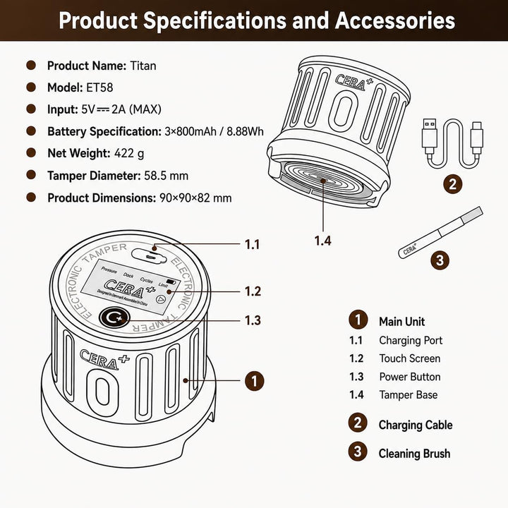 CERA+ ET58 Elektrischer Kaffeestampfer – 58mm Siebträger, einstellbarer Druck (5–20 kg) + Vibration