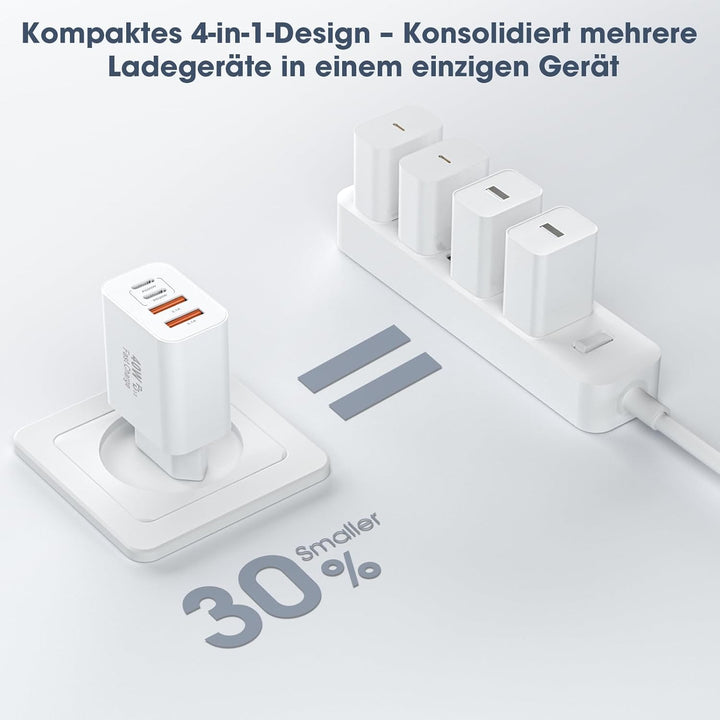 USB C Ladegerät, 40W Multiport Schnellladeblock with 4 Ports - 2 x USB-C and 2 x USB-A, Mehrfach-Wan