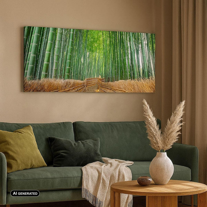 Panorama Bilder auf Leinwand 100x40cm Leinwandbild mit Rahmen Bambus Pflanze Gross Wanddeko Bild Sch