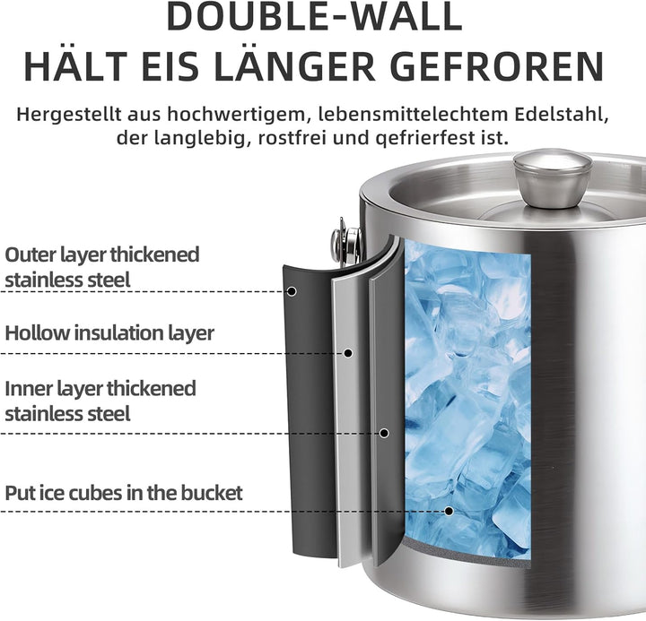 dellyy Eiskübel aus Edelstahl mit Eisschaufel, Eiswürfelbehälter Edelstahl, Eiswürfelbehälter Geeign