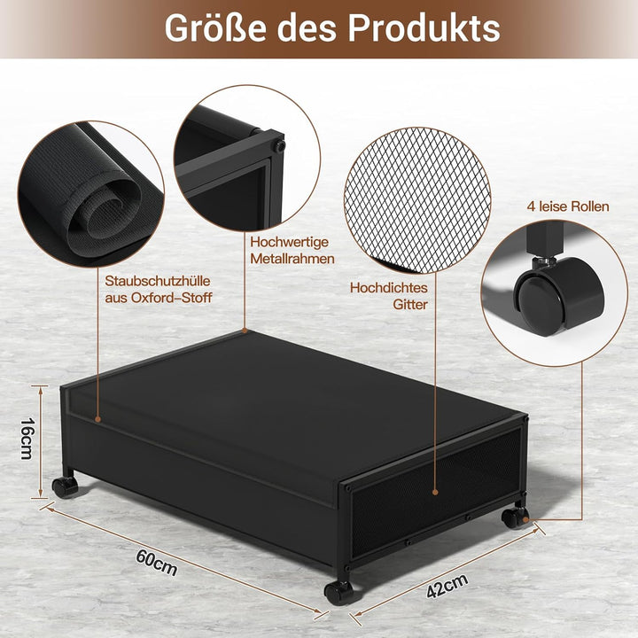 Unterbett Aufbewahrungsbox, 2 Stück Unterbettkommode mit Rollen und Deckel, Metallrahmen Bettkasten
