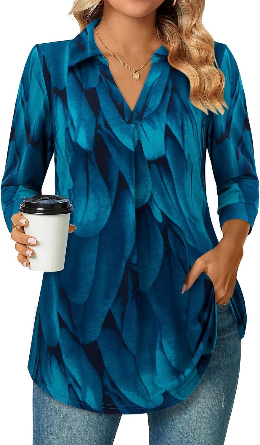 Siddhe Damen V-Ausschnitt Bluse 3/4 Ärmel Oberteile Tunika Tops Locker Longshirt Lässige T-Shirt Lan