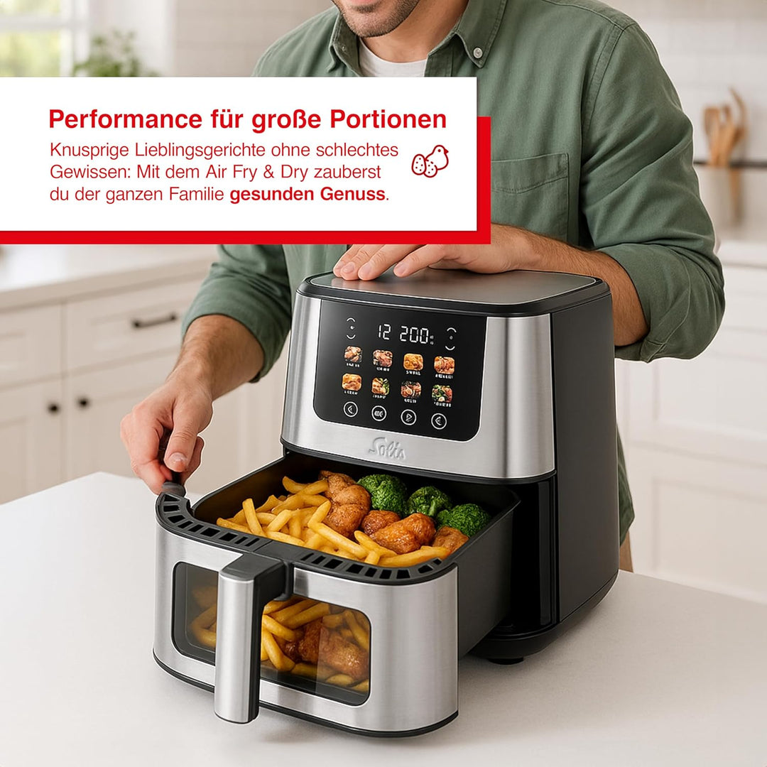 Solis Air Fry & Dry XL Heissluftfritteuse – Gesunder Genuss mit 80% weniger Fett, 7,5 L XXL-Volumen,