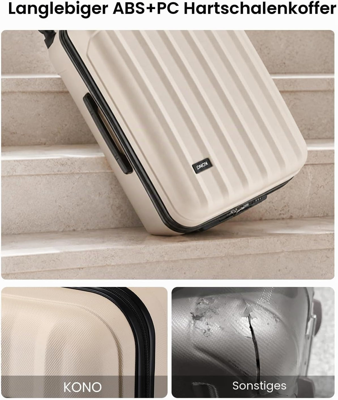 KONO Koffer Trolley Mittelgross Hartschale ABS Reisekoffer Rollkoffer Suitcase (Beige, L) Beige L, B