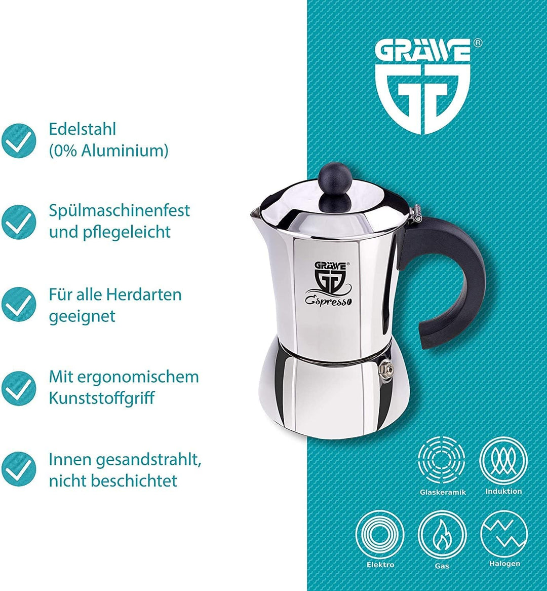 GRÄWE Espressokocher Induktion geeignet, Espressokanne aus Edelstahl für 6 Tassen, Klassischer Espre