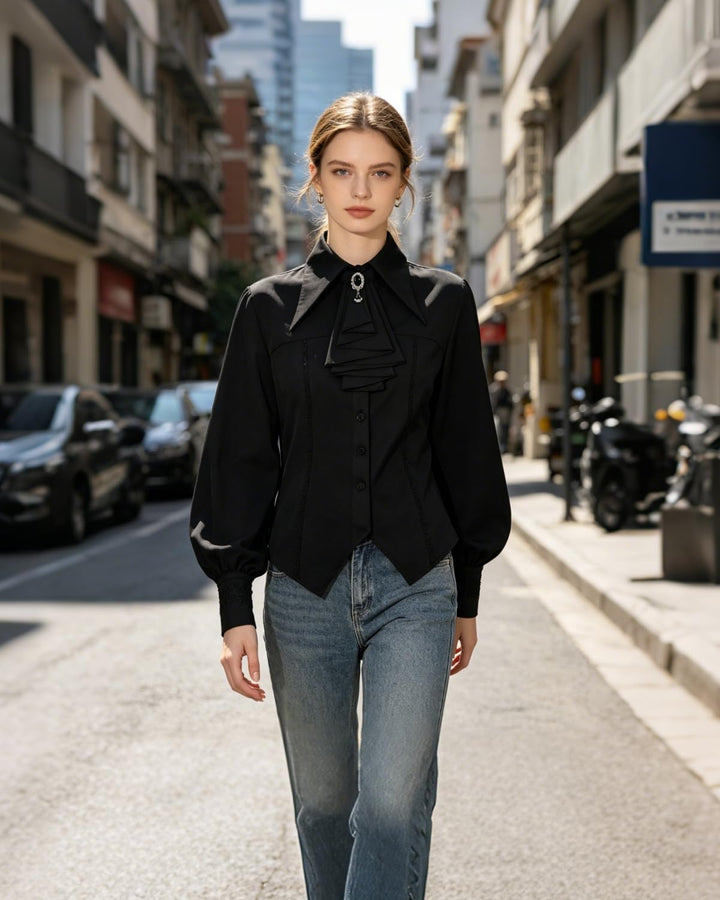 Fiamll Damen Viktorianisch Bluse Vintage Schleifenhemd Stehkragen mit Ruff Langarmshirt Mittelalter