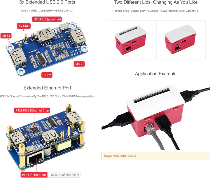 Waveshare PoE Ethernet/USB HUB Box for Raspberry Pi Zero Series 3X USB 2.0 Ports 802.3af-Compliant C