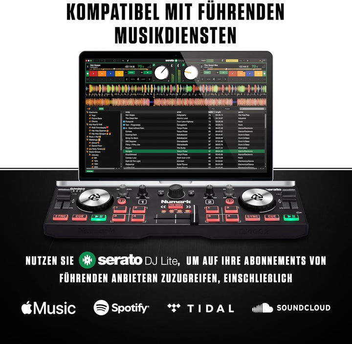 Numark DJ2GO2 Touch – Mini DJ Controller für unterwegs - 2-Deck USB DJ Pult mit Audio Interface und